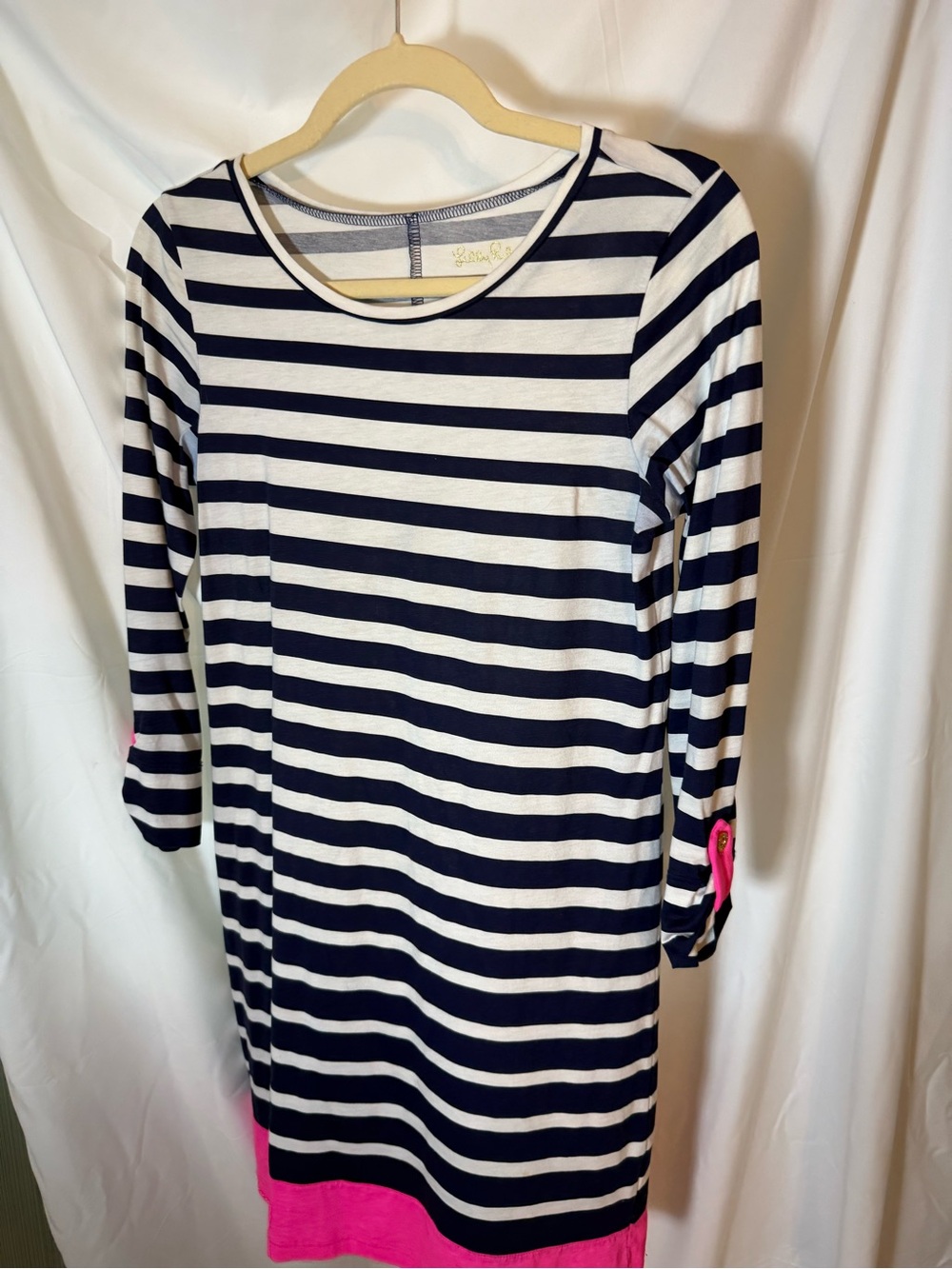 Lilly Pulitzer Navy & White Striped Long Sleeve Shift with Hot Pink Trim